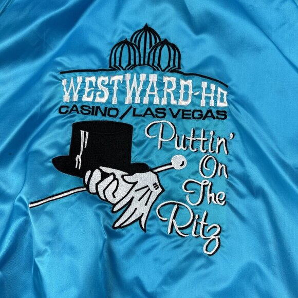 Vintage 80s Westward HO Casino Satin Bomber Jacket Embroidered Magic Hat Ritz - Picture 2 of 10